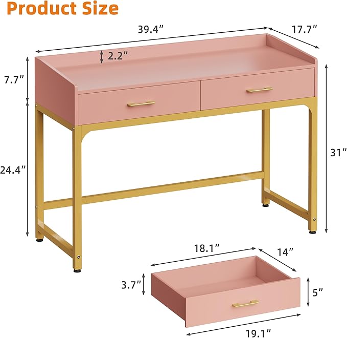 WESTREE Computer Gaming Desk Office - Study Writing Desk with Drawer for Teen Bedroom Makeup Desk Home Office with Storage Shelf Height Monitor Stand Pink