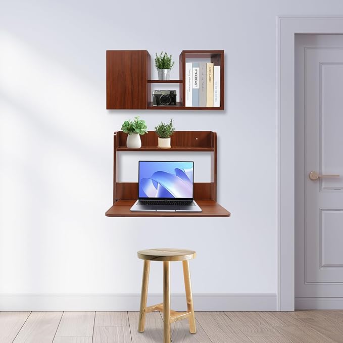 LOYALHEARTDY Wall-Mounted Computer Desk Floating Office Desk with Foldable Tabletop Fold-Up Desktop Writing Desks with Shelves &amp Storage for Home Office and Study Small Spaces (Walnut)