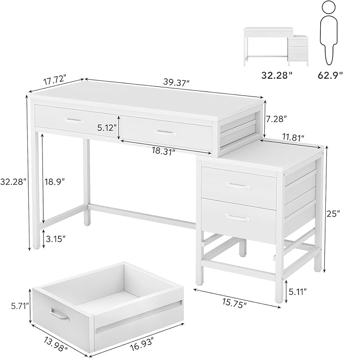 Tribesigns Computer Desk with 5 Drawers Home Office Desks with Reversible Drawer Cabinet Printer Stand Industrial PC Desk with Storage White Study Writing Table Workstation for Small Spaces