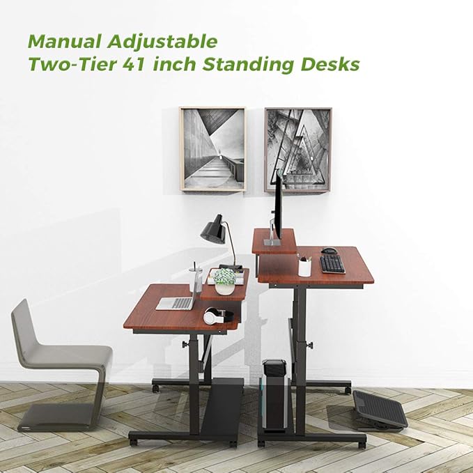 Eureka Ergonomic Mobile Standing Desk 41 Inch Lockable Home Office Height Adjustable Computer Desk PC Table with Hutch Teak Top