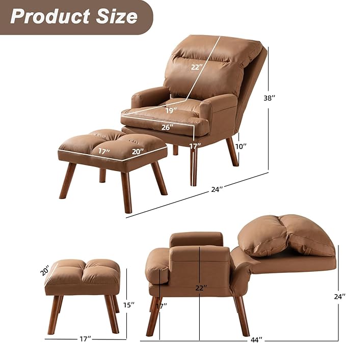 INZOY Accent Chairs with Ottoman Velvet Fabric Armchair with Ottoman for Bedroom Living Room Mid Century Modern Chair with Adjustable Backrest and Side Pockets Camel