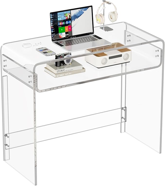 Acrylic Office Desk Modern Laptop Writing Study Table with Open Storage Transparent Console Entryway Table 33.5 L x 15.8 W x 29.5 H for Home Bedroom (Clear)