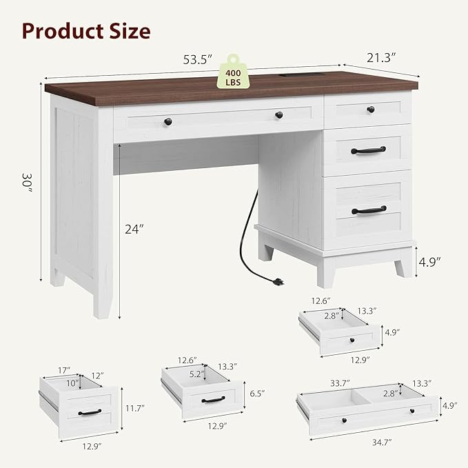 Farmhouse Home Office Desk with Power Outlets &amp USB Ports 53.5 Inch Writing Desk with Adjustable File Cabinet and Storage Drawers Executive Computer Desk for Study Workspace