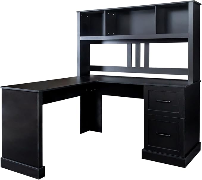 Bellemave L Shaped Computer Desk with Hutch Home Office Desk with Drawers and Bookshelf Corner Desk Study Table Writing Desk with Storage Easy Assemble Antiqued Black