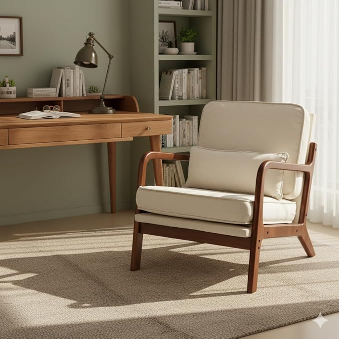 Simple Deluxe Mid-Century Modern Wood Accent Chair &amp Cozy Reading Chair Upholstered Living Room Chair with Waist Cushion Solid Wood Chair with Pillow for Bedroom Beige