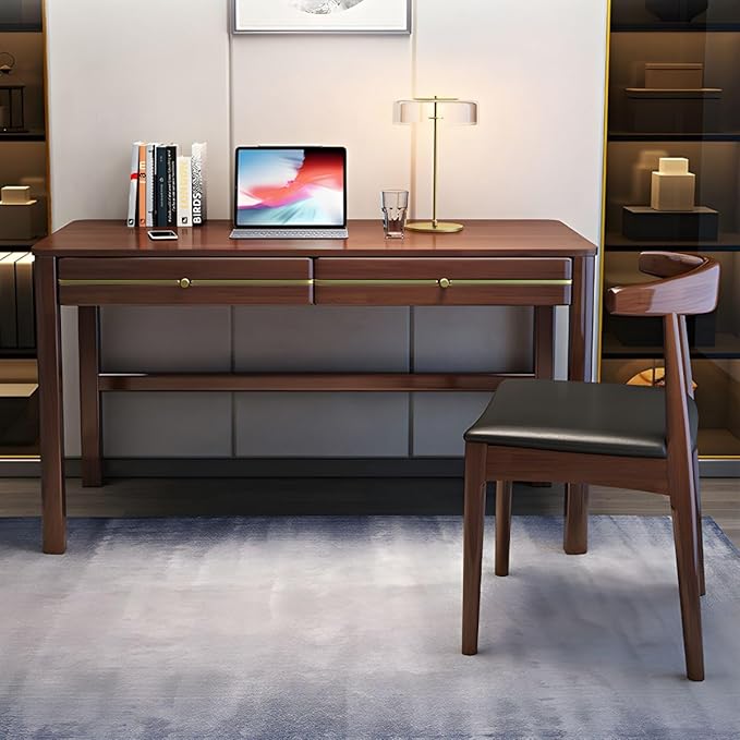 RUNNUP Modern Soild Wood Writing Desk with 2 Drawers 47.5 Home Office Desk Minimalist Computer Work Study Table Small Spaces Black Without Chairs
