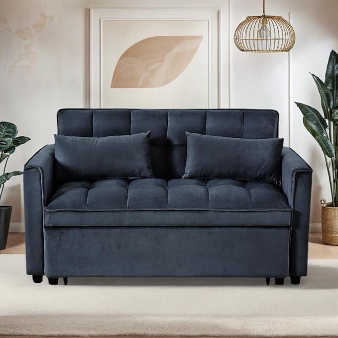 Modern Velvet Sofa Bed with 3-Level Adjustable Backrest &amp Included Pillows Pull Out Convertible Sleeper Chair with High Density Foam for Small Spaces (Black)