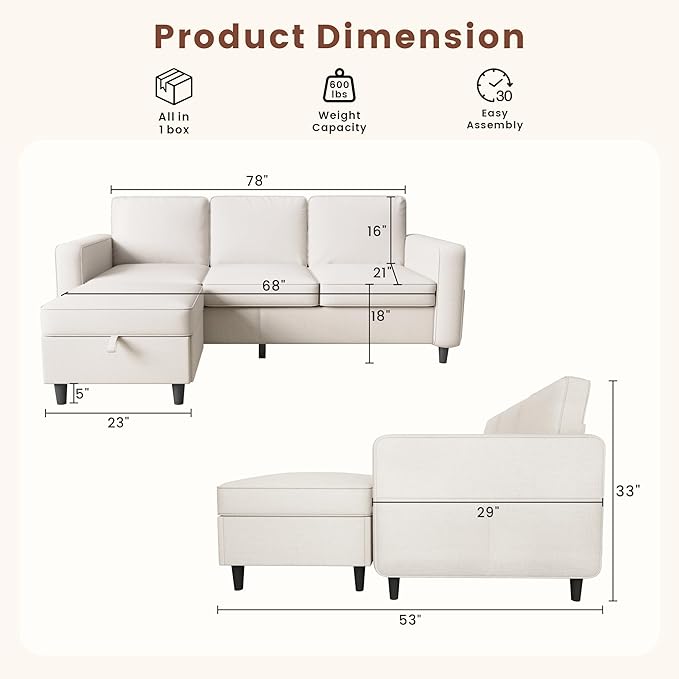 Sectional Couches for Living Room - Deep Seater Couch Living Room-Comfy L Shape Modular Sofawith Storage Chaise-Washable Covers-Suitable for Living RoomsApartmentsRooms and Offices-BeigeUSB