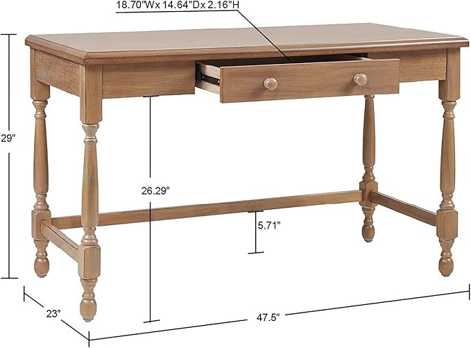 Martha Stewart Tabitha Solid Wood Writing Table with Metal Glides Drawer for Storage Living Room Furniture Home Office Small Computer Desk Turned Legs 47.5 W x 23 D x 29 H Natural