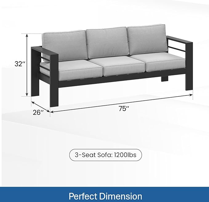 75 All-Weather Sofa Bed with Heavy-Duty Frame Stylish Sofa Bed with Water-Repellent Olefin Comfort 3-Seater Sofa with High-Density Foam for Patio Balcony Black+Grey