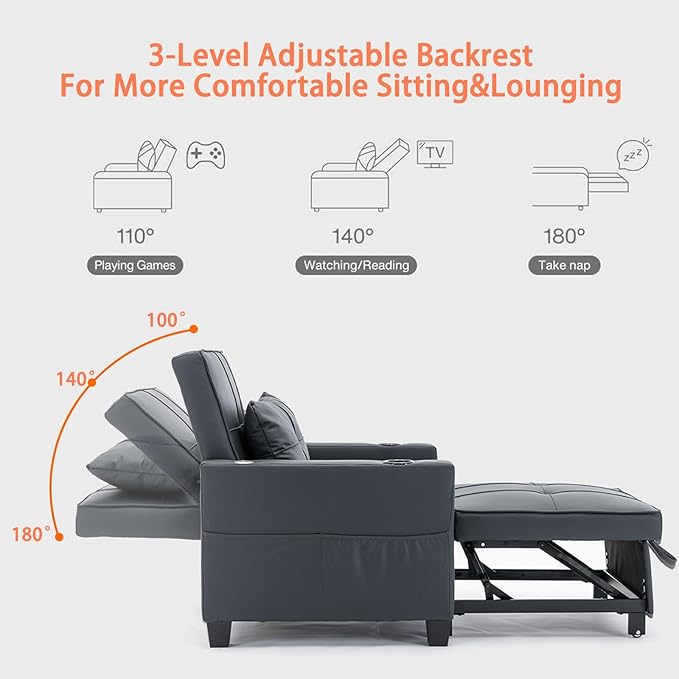 Modern Convertible Sleeper Sofa Bed 3-in-1 Adjustable Futon Couch with Storage &amp Removable Armrests for Apartment Studio Office Small Spaces (Black)