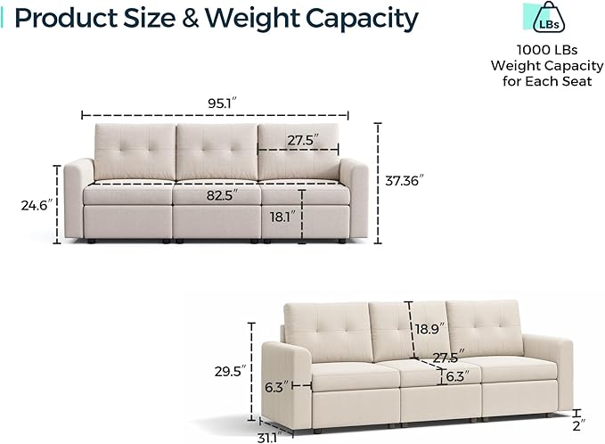 LINSY HOME Modular Sectional Sofa - Rubik III Oversized Deep Seat Couches with Storage Seats &amp Removable Cover Modern Comfy Couch for Living Room Apartment Office Grey