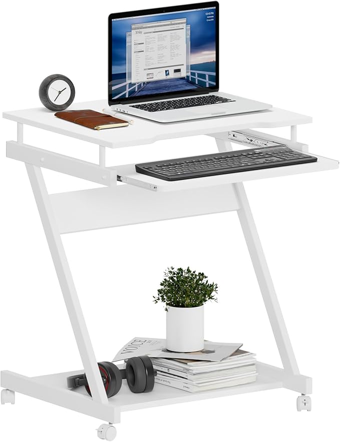 Need Rolling Computer Desk Mobile Desk Laptop Stand Desk with Sliding Keyboard for Home Office23.6 Inches White DX-8110WT-ND