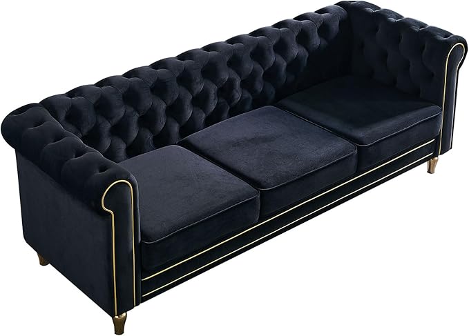 KEVINSPACE 84.64 Velvet Sofa Couch Upholstered Button Tufted 3-Seater Sofa with Curved Armrest Modern Chesterfield Curved Sofa for Livingroom Bedroom Furniture ApartmentBlack