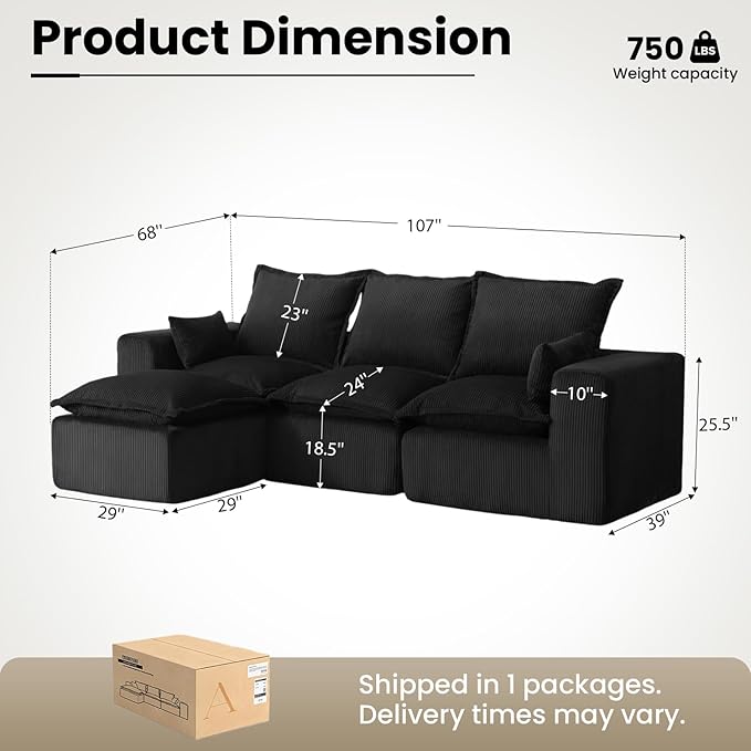 DOPEDIO 107 Cloud Modular Sectional Sofa with Ottoman &amp L-Shaped Chaise Deep Seat Boneless Couch in a Box for Living Room Upholstered Comfy Sofa No Assembly RequiredBlack