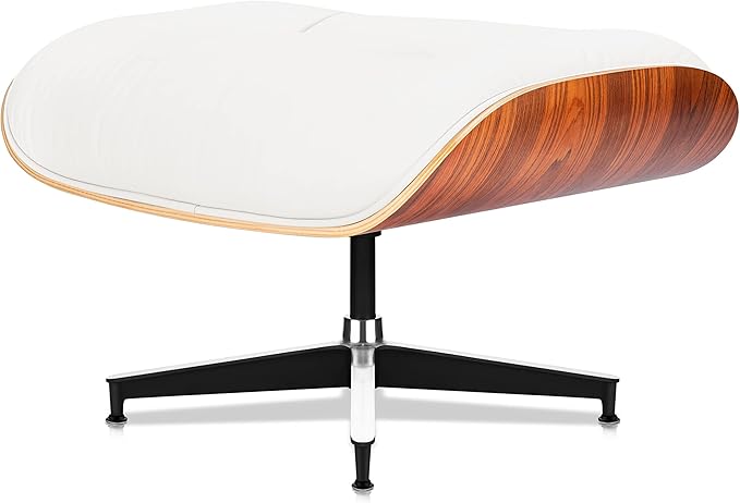 Top White Grain Leather Mid Century Chaise Lounge Chair and Ottoman Modern Chair Classic Design Palisander Wood Heavy Duty Base Support for Living Room Office