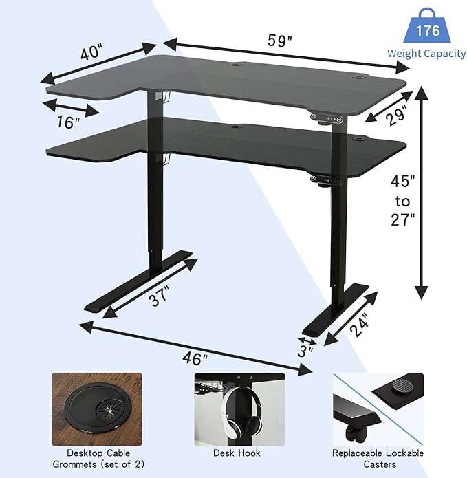 L-Shaped 59 Height Adjustable Electric Standing Desk Sit and Stand Up Computer Desk For Home Office with Splice Board (Black Top Black Frame)