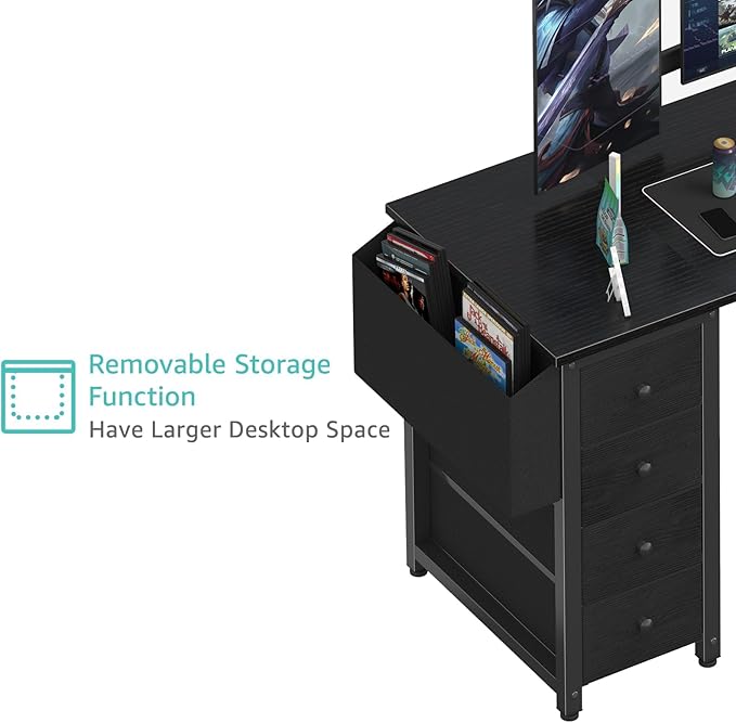 Lufeiya L Shaped Gaming Desk with Power Outlet 47 Inch Reversible Corner Computer Desk with Drawers &amp Storage Shelves for Home Office Bedroom L-Shaped Teen PC Desks with Fabric Drawer Black