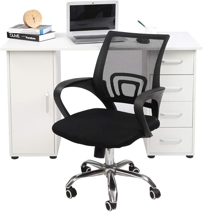 Rolling Computer Desk with Drawers and Storage Home Office Desk Modern Work Study Writing Table Desk for Small Spaces White Mobile Desk Desk on Wheels Computer Desk Laptop Table 120 x 54 x 74CM