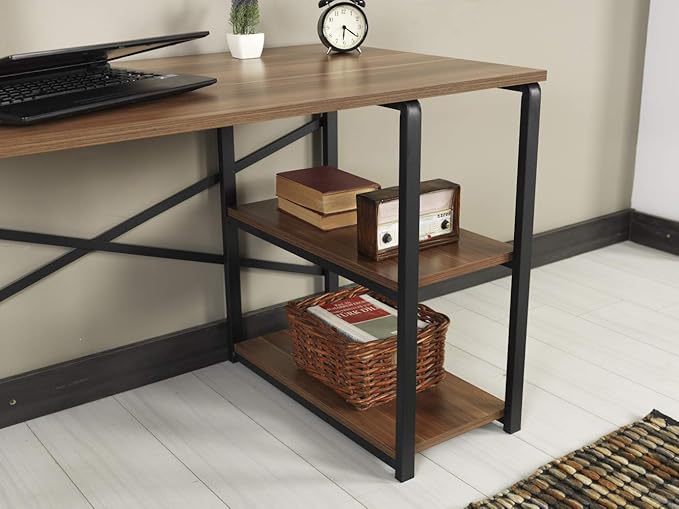 Sage Black Metal e 47 Wooden Top 2 Shelves Writing and Computer Desk for Home Office Walnut