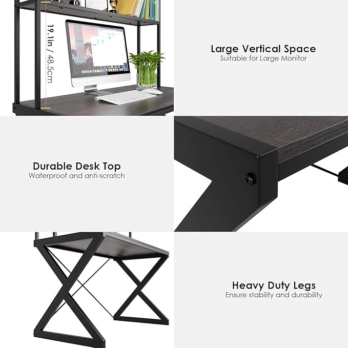 47 Industrial Desk with Shelves Study Writing Ladder Desk with Bookshelf Computer Desk with Hutch PC Workstation Gaming Table for Home Office Metal Frame Brown