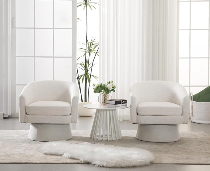 Modern Beige Swivel Accent Chair Set of 2 Upholstered Linen Barrel Chair Boucle Vanity Reading Chair Cozy Round Single Sofa Arm Chair Club Side Chairs for Bedroom/Waiting/Living Room