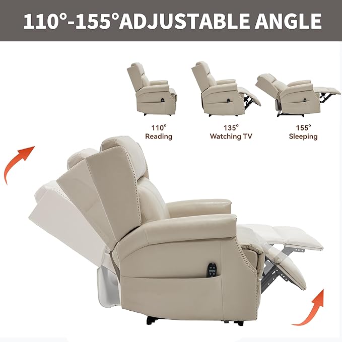 KEIKI Oversized Recliner Chair Manual Leather Recliner Chair with 8 Vibration Nodes Back Massager and Heating for Living Room Rocking Chair for Old Money Living Room Decor Beige