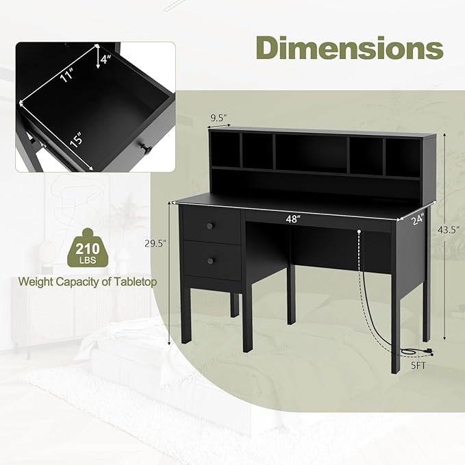 Giantex Black Desk with Drawers &amp Hutch Home Office Desk with Charging Station 5 Storage Cubbies Makeup Vanity Table Modern Study Writing Desk PC Laptop Desks Computer Workstation for Bedroo
