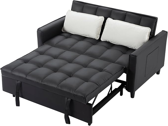 3 in 1 Convertible Sofa Bed Love Seat Sleeper Bed with Side Pockets PU Fabric Pull Out Couch with Adjustable Backrest for Living Room Bedroom Apartment Black