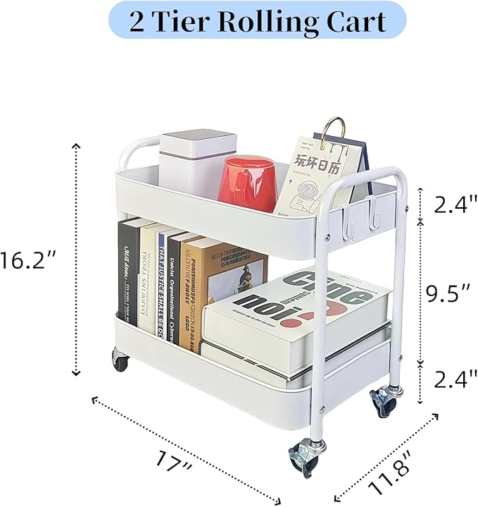 2 Tier Metal Rolling Cart with Wheels for Under Desk Storage &amp Pantry Storage High Load-Bearing Kitchen Utility Cart for Small Space Laundry Room Organization Side Table with 4 Hooks White