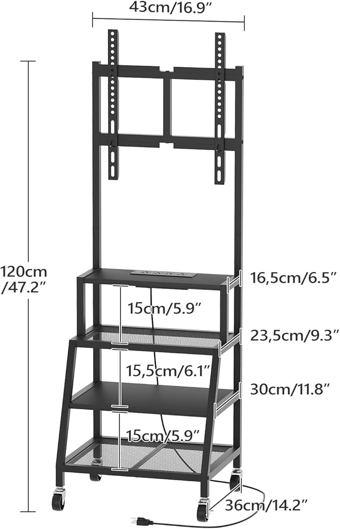 Rolling TV Stand with Mount Corner TV Console with Wheels Up to 55 Inches Entertainment Center with Storage Small TV Stand with Power Outlet for Living Room Bedroom Black TVBK117E01