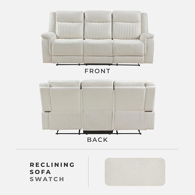 Lexicon Manual Double Reclining Sofa Polished Microfiber Upholstered 3 Seater Manual Sofa Recliner for Living Room Wall Hugger Easy Assembly Beige