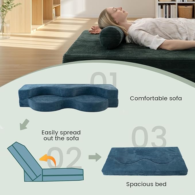 75 Folding Sofa Bed Convertible Futon Twin Size Sleeper Couch Washable Velvet Corduroy Cover &amp High-Density Foam 2-in-1 Floor Mattress No Assembly for Living Room/Dorm Green