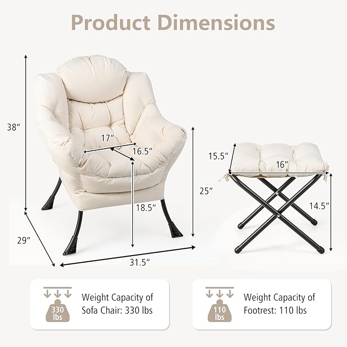Giantex Lazy Chair with Ottoman Accent Sofa Chair with Folding Footrest Side Storage Pocket Upholstered Leisure Lounge Armchair with Stool for Bedroom Living Room Office Beige