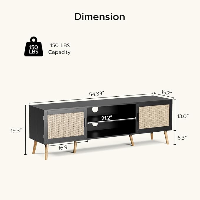 TV Stand for TVs up to 65'' Entertainment Center with Rattan Door Shelves &amp 2 Cabinets Boho Media TV Console for Living Room Bedroom Black