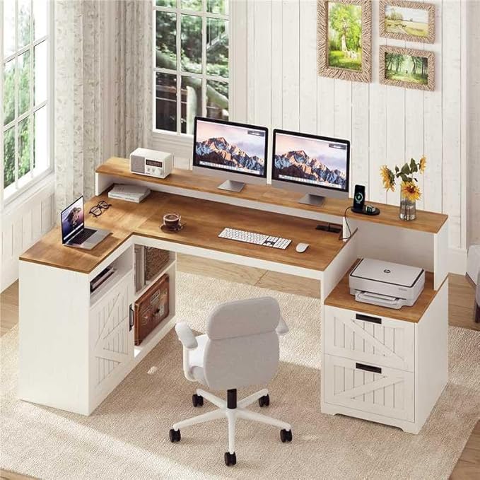 TVU Farmhouse L Shaped Desk with Drawers 62.2 Home Office Desk with Storage Shelves and Power Outlet L Shaped Computer Desk with Monitor Stand and Printer Shelf Brown and White