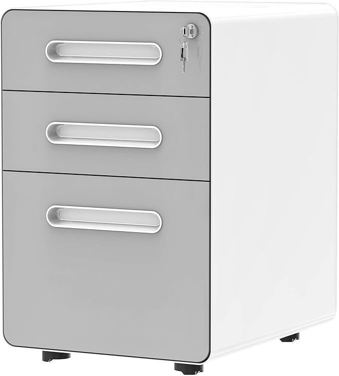 YITAHOME 3-Drawer Rolling File Cabinet Metal Mobile File Cabinet with Lock Filing Cabinet Under Desk fits Legal/A4 Size for Home/Office Fully Assembled-Gray and White
