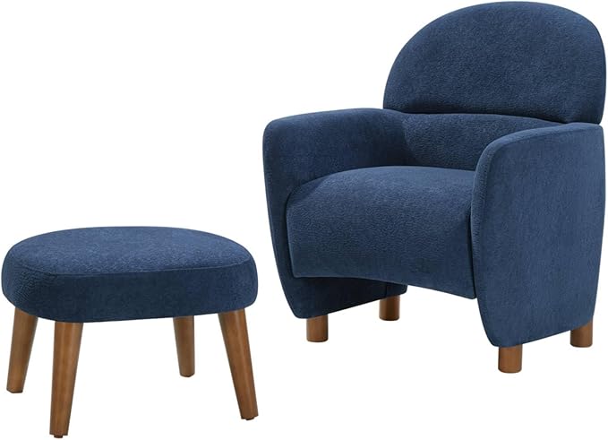 Modern Barrel Chair with Ottoman Upholstered Armchair with Wooden Legs Backrest Single Sofa Soft Cushion Seating Comfy Lounge Chair for Living RoomBedroomReading Corner (Blue)