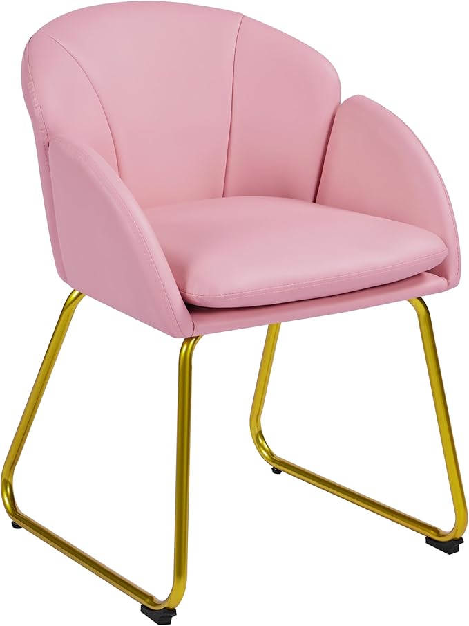 Yaheetech Modern PU Leather Armchair Flower Shaped Makeup Chair Vanity Chair with Golden Metal Legs for Living Room/Makeup Room/Bedroom/Home Office/Kitchen Simple Pink