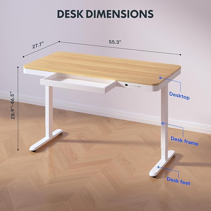 SANODESK Standing Desk with Drawer Electric Height Adjustable Home Office Desk with Storage &amp USB Ports 55 inch Maple Wood Tabletop/White Frame
