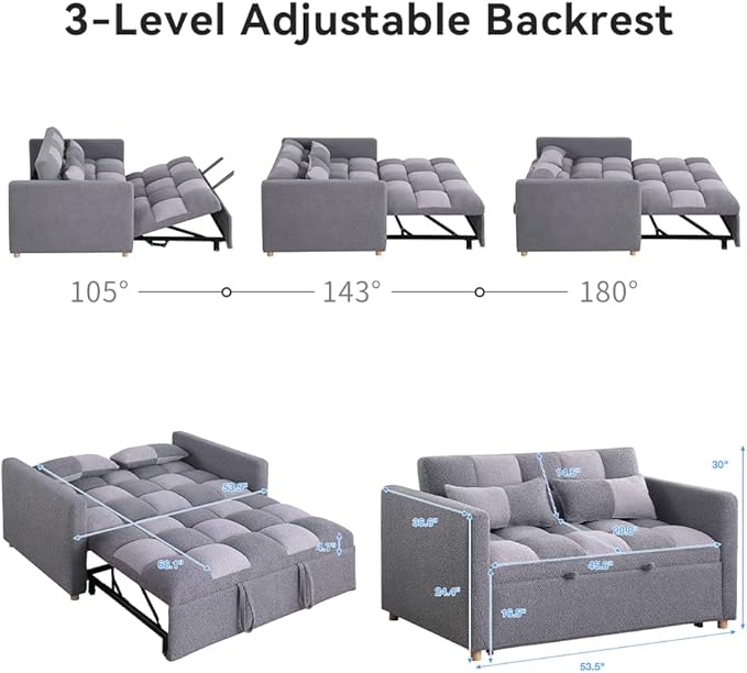 Loveseat Sleeper Sofa- 3 in 1 Convertible Sofa BedPull Out Couch with Adjustable BackrestMulti-Functional Lounge Chair with Teddy Fabric for Living RoomSmall Space (Grey)