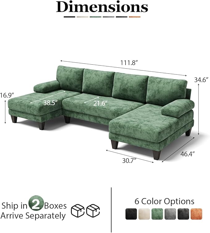 Sectional Couches for Living Room | 112 Inch U-Shaped Sectional Couch | 4 Seat Sofa Set with Double Chaise for Apartment | Green Chenille