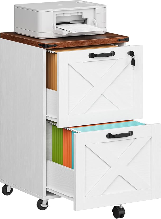HOOBRO 2 Drawer File Cabinet with Lock Under Desk Mobile Filing Cabinet for Home Office Wooden Farmhouse Office Storage Cabinet Printer Stand Fits Letter and A4 Size Walnut and White WH66WJ01