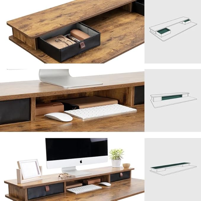 FEZIBO 55 x 24 Inch Whole-Piece Height Adjustable Standing Desk with Double Drawers Sit Stand Desk Stand Up Table (Send Two Packages) Rustic Brown Top