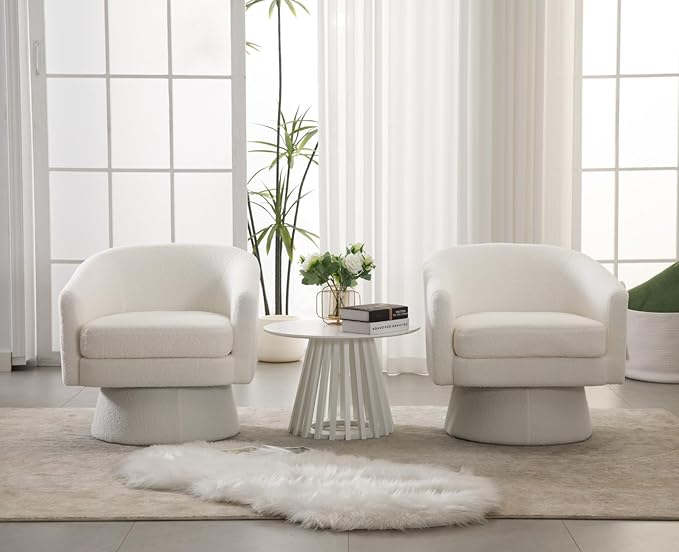 Modern White Swivel Accent Chair Set of 2 Upholstered Sherpa Barrel Chair Boucle Vanity Reading Chair Cozy Round Single Sofa Arm Chair Club Side Chairs for Bedroom/Waiting/Living Room
