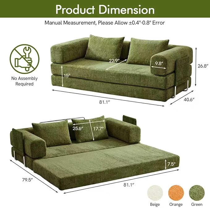 81 Convertible Sofa Bed with Storage Pockets 5-in-1 High Density Foam Boneless Couch Corduroy Folding Futon Sleeper Sofa for Living Room Bedroom Apartment No Assembly Required Green