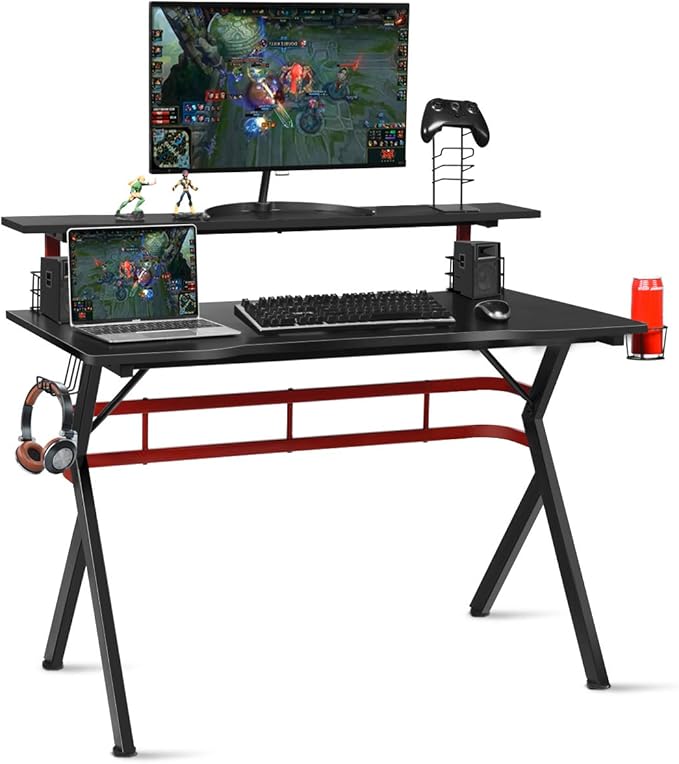 Tangkula Gaming Desk Professional Gamer Workstation with Cup Holder Headphone Hook Handle Rack Ergonomic PC Gaming Table with Monitor Stand E Sports Computer Desk Table for Home Office (Black)