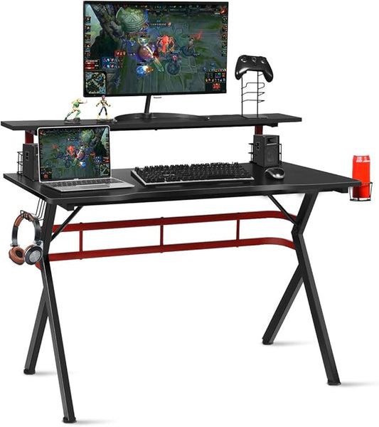 Tangkula Gaming Desk Professional Gamer Workstation with Cup Holder Headphone Hook Handle Rack Ergonomic PC Gaming Table with Monitor Stand E Sports Computer Desk Table for Home Office (Black)