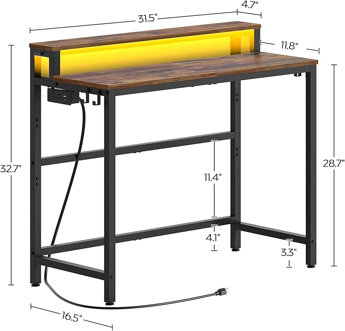 Small Computer Desk with Charging Station and LED Lights Gaming Desk with Monitor Stand 2-Tier Home Office Desk with 4 Side Hooks for Living Room Home Office Rustic Brown DN01UDBRY2