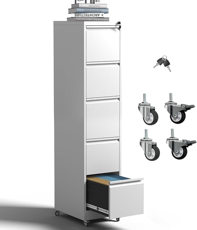 5 Drawer Rolling File Cabinet with Lock Metal Filing Cabinets on Wheels Vertical Steel Office Drawers Storage for Hanging Legal/Letter Folders Require Assembly (White)